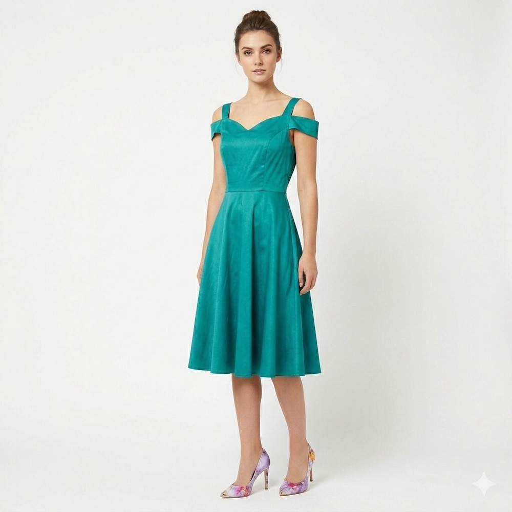 Hell Bunny Teal/Emerald Retro Cold Shoulder Fit and Flare Swing Dress Size S